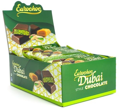 Barritas Chocolate Dubai | 24 x 40g | Chocolate con Pistacho Crujiente y Pasta Kataifi | Ideal para Reuniones, Regalos y Cestas Gourmet