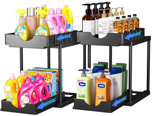 Küchen Organizer Küchenschrank Organizer - 2 Stück ziehbar, 2 Etagen Küchenaufbewahrung unter der Spüle, Unterschrank-Organizer mit Haken, für Badezimmer, Küche, Arbeitsplatte, Schwarz