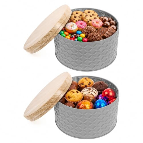 TOPPERFUN 2 PCS Cake Containers Airtight Cookie Tins with Lids Grey Metal Biscuit Tin Storage Boxes for Cakes Pastry and Baked Goods for Kitchen Countertop and Birthday Party