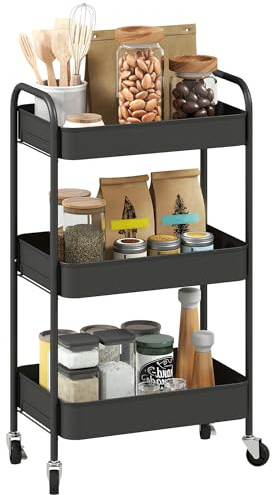 HOMCOM 3-tier Storage Trolley on Wheels with 3 Mesh Baskets Black