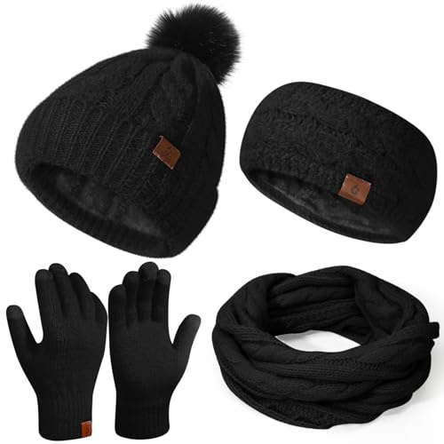 Womens Beanie Hat Infinity Scarf Touchscreen Gloves Fleece Headband 4 in 1 Winter Clothes Set Gifts for Women Black