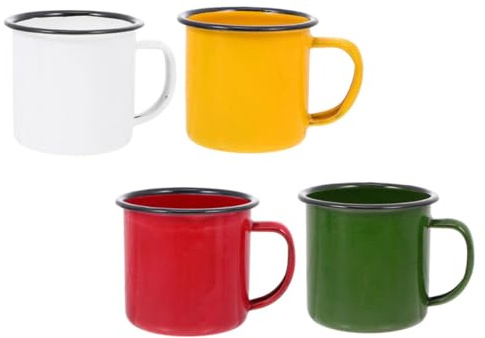 DECOMELODY 4 Stück Teiliges Emaille Becher Vintage Stil mit Henkel Kleine Robuste Tassen Hitzebeständig Rostfrei Farblich Sortiert für Camping Tee Kaffee und Wasser