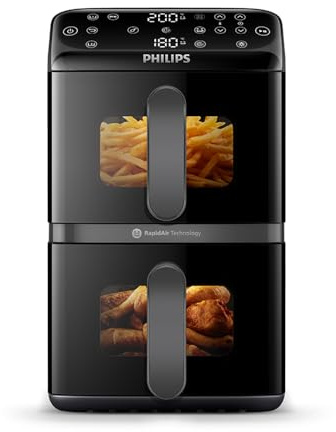 Philips Airfryer 4000 Series Stacked Dual Basket, Gestapelte Heißluftfritteuse 2 Kammern, 10L, RapidAir Technologie, 45% weniger Platzbedarf, PFAS-freie Keramikbeschichtung, Sichtfenster (NA460/00)
