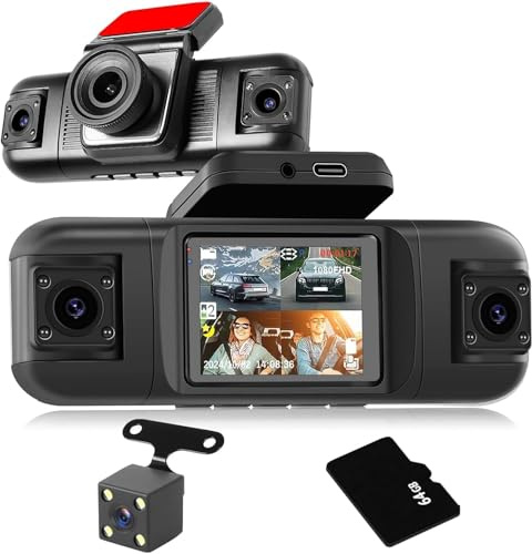 NHOPEEW Dash Cam a 4 canali 360°- Dashcam anteriore e posteriore 1080P per auto - Telecamere con schermo da 2 pollici con visione notturna a 8 IR, scheda TF 64G con registrazione in loop