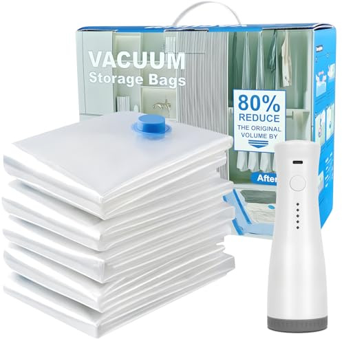 Vakuum Aufbewahrungsbeutel Set mit elektrischer Pumpe, 12-teilig (2 Jumbo, 2 Groß, 4 Mittel, 4 Klein), wiederverwendbare Vakuumbeutel für Kleidung, Bettdecken & Kissen, platzsparende Aufbewahrung im S