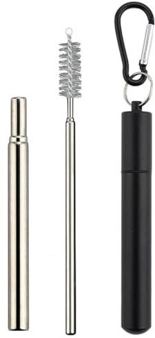 Metal Straws Reusable with Case and Cleaning Brush, Portable Travel Straw, Stainless Steel, Scalable Straws Drinking for Home Travel and Office (Black)