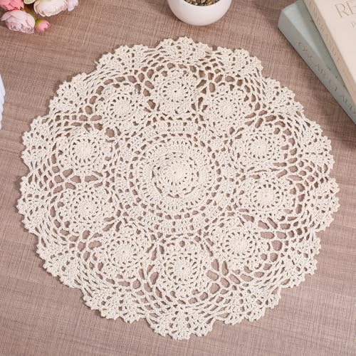 Handmade Cotton Crochet Doily 40cm – Large Round Lace Placemat, Vintage Boho Table Mat for Farmhouse Dining Table, Wedding & Party Decoration, Gift for Home (Beige)