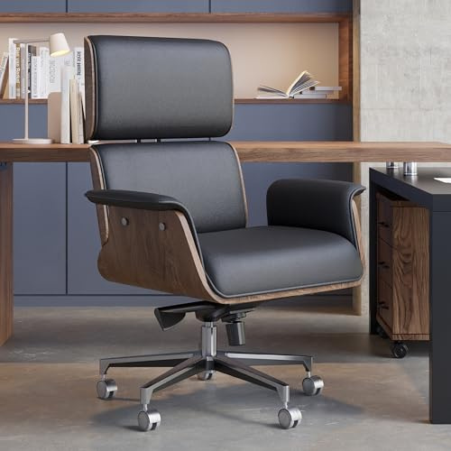 COGITIL Desk Chair Black Wooden Adjustable Height Swivel Upholstered - Faux Leather Office Chair with Walnut Wood Panels and Smooth-Rolling Casters for Home Office