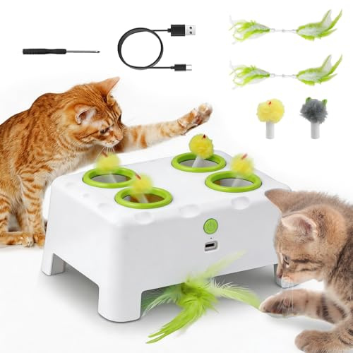 Focenat 2-in-1 Automatisches Katzenspielzeug, Interaktives Katzenspielzeug, Wiederaufladbares Katzenmaus-Spielzeug, 4-Loch-Mäuse-Schlag-eine-Maulwurf mit bewegender Feder, Spielzeug für Katzen