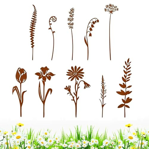 Calenxy 10 Stück Gartenstecker Rost Metall Blumen Gartendeko für Draußen, Metall Blumenstecker Rostdeko, Roststecker Garten Pflanzenstecker Metallstecker Rost Deko für Rasen Blumentopf Hof Balkon
