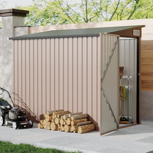 Garvee Abri De Jardin Métallique 1.2x2.4m, Remise Extérieure Adossée Robuste Et Étanche, Rangement Polyvalent pour Outils, Poubelles Et Vélos, Idéal pour Terrasse Et Jardin