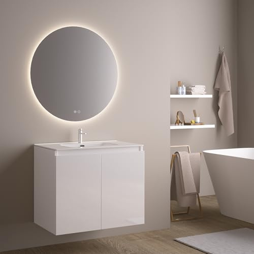Feel Your Bath Mueble de Baño Wolf 80 cm Blanco Brillo con Encimera Cerámica y Espejo Redondo LED Antivaho, Lavabo Incluido, 2 Cajones Soft Close, Diseño Suspendido y Buen Almacenaje Funcional