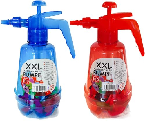 XXL vattenbomber, pump med 100 vattenbomber, flaska, ballonger i färgglada färger, pump, tryckflaska (set 1 x röd, 1 x blå)