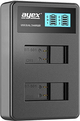ayex Dual USB Charger for GoPro AHDBT-501 Batteries Hero 8, 7, 6 & 5 (Black, Silver) Charging via USB Mains Plug to e.g. Laptop, LCD Display with Charge Indicator