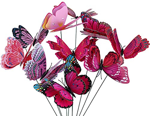 Derbway 10 Stück Gartendeko Schmetterlinge mit Metallaufkleber, Garten Schmetterlinge für Pflanzen Blumen Ornamente,Vase-Lila/Rosa Schmetterlinge