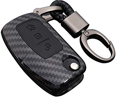 Happyit ABS Kohlefaser-Schale + Silikon Autoschlüssel Abdeckung Fall Schlüsselbund für Ford Focus Mondeo Edge Fiesta Kuga MK4 Fusion Escort Ecosport (D Kohlefaser + schwarz)