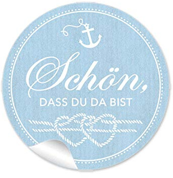 24 STICKER Schön, das du da bist Etiketten mit Anker Herz aus Tau Maritim Look Blau als Danksagung für Geschenktüten oder Briefe zur Hochzeit Geburtstag Taufe, 4 cm, rund, matt
