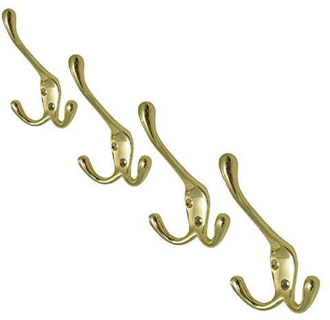 4 x Polished Brass Metal Triple Hat and Coat Hooks, Door Robe Dress Hangers