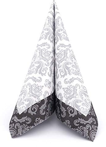 APARTina 50 Servietten Ornament Barock Silber stoffähnlich Airlaid, hochwertige stoffähnliche Servietten Einwegservietten schwarze Trauerservietten Weiß Silber (Schwarz, 40 x 40 cm)