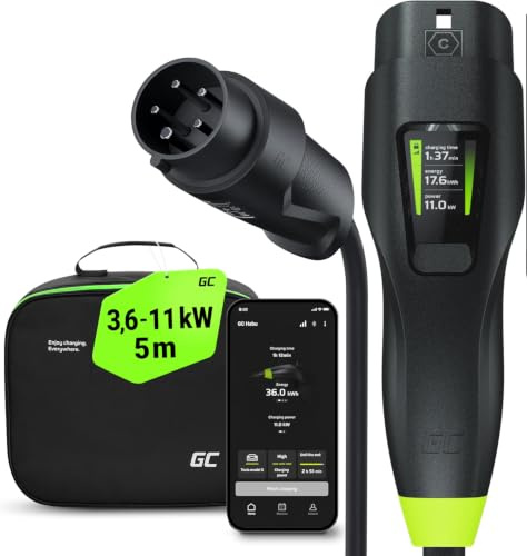 Green Cell GC Type 2 Câble de Charge EV Voiture Électrique PHEV | 11kW | 16A | 5 Mètre | Type 2 de Type 2 | Triphasé | Compatible avec Model 3/S/X/Y, e-208, 500e, Megane E-Tech, Zoe, i3, ID.3, EV6