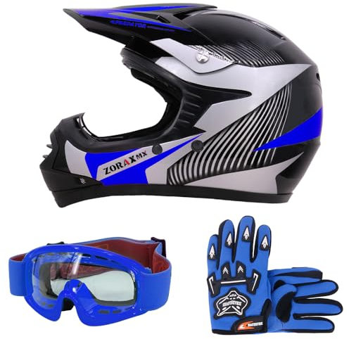 Zorax ZOR-X19 Blue L (53-54cm) PREDATOR Kids Motocross Motorbike MX Helmet ECE2206 & Gloves L (7cm) & Goggles