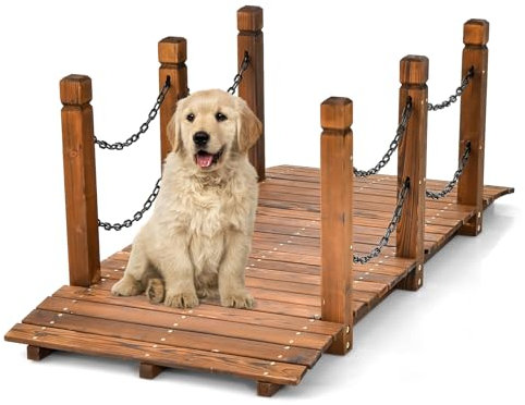 COSTWAY Holzbrücke mit Geländer, Gartenbrücke Teichbrücke, Zierbrücke belastbar bis 120kg, Dekobrücke für Garten, Teich, Bach, Bauernhof, 150x67x55 cm