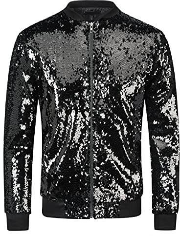 YFFUSHI Jacke Glänzende Langen Ärmeln Reißverschluss Jacke mit Pailletten Bomber Baseballkragen Sportmantel Casual