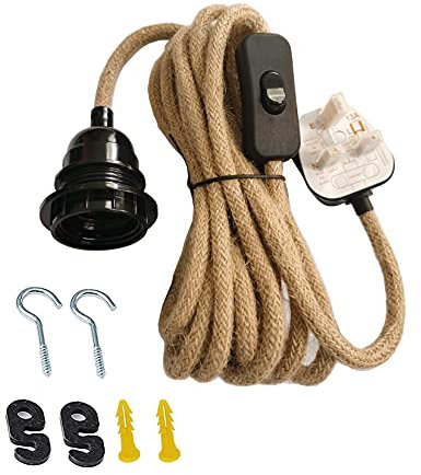Weeoley Lamp Holder Suspended Pendant Light Fitting Kit, Classic Brown Extension Hanging Lantern Fabric Cord Cable, On/Off Switch/UK Plug,E26/E27 Lamp Socket (4.5m)