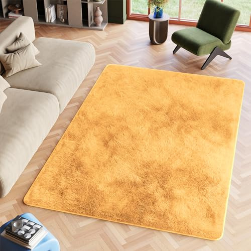 TAPISO Silk Alfombra Antideslizante de Pelo Largo Shaggy Diseño Moderno Amarillo Mostaza Mullida Alfombra de Salón Dormitorio Habitación Infantil Oeko-Tex 80 x 150 cm