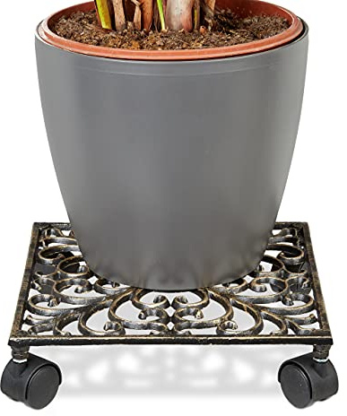 Relaxdays Pflanzenroller Gusseisen, Blumentopfuntersetzer aus Metall, Blumenroller im antiken Design, wetterfest, Bronze