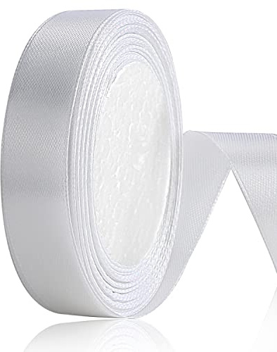 OWill Vitt satinband, dubbelsidig polyester 20 mm x 22 m (24 yards) presentförpackningsband för tårtdekoration, gör-det-själv sömnadsprojekt, festballong och hårrosetter dekoration