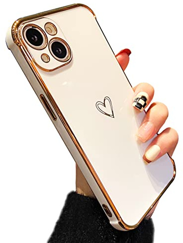 ZTOFERA Compatible with iPhone 13 Case for Girls Women, Flexible Silicone Phone Case with Cute Heart Pattern Electroplated Design Shockproof Protective Bumper Cover for iPhone 13, White