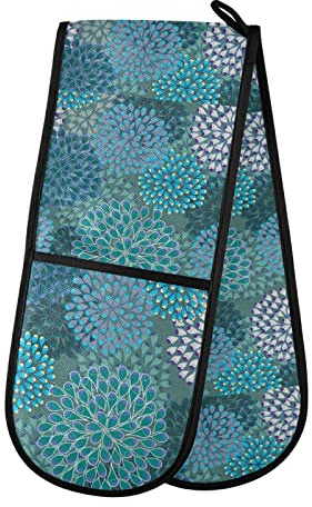 Blue Green Turquoise Floral Flowers Seamless Pattern Double Oven Mitt Gloves Extra Long Potholder High Heat Resistant for Baking Cooking Baking Grilling Handling Hots Pans 35x7