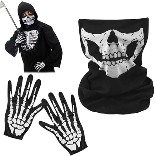 Qunkun Skeleton Gesichtsmaske Full Face Skull mit Gloves Skeleton Pattern Schwarz für Fasching Halloween Cosplay Kostüm