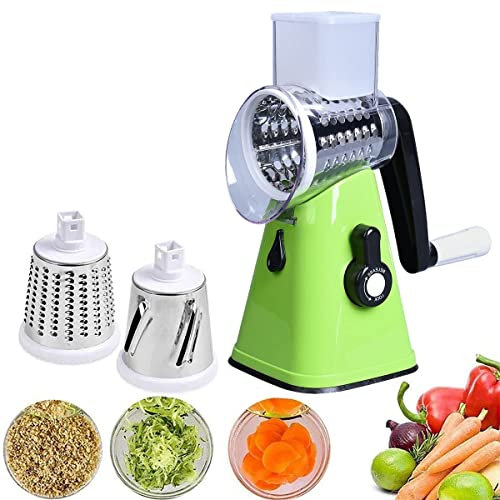 Ecoodisk Cheese Grater Rotary Handheld Manual Rotary Potato Grater with with 3 Stainless Steel Drums Strong Suction Base Grater Slicer Shredder for Vegetables Carrots Nuts