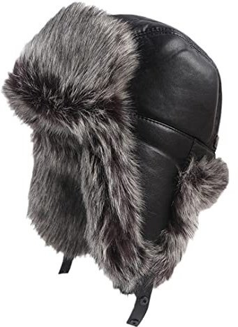 Winter-Bombermütze für Herren, Ushanka, russisch, luxuriös, warm, Ohrenklappen, Kunstfell, Hüte, Leder, Schneekappe, Graues Fell, 57/58 cm (L)