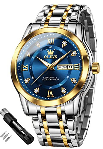 OLEVS Herrenuhren Gold Blau Edelstahl Uhr Männer mit Diamant Gesicht Quarz Wasserdicht Lässige Elegante Armbanduhr Geschenk
