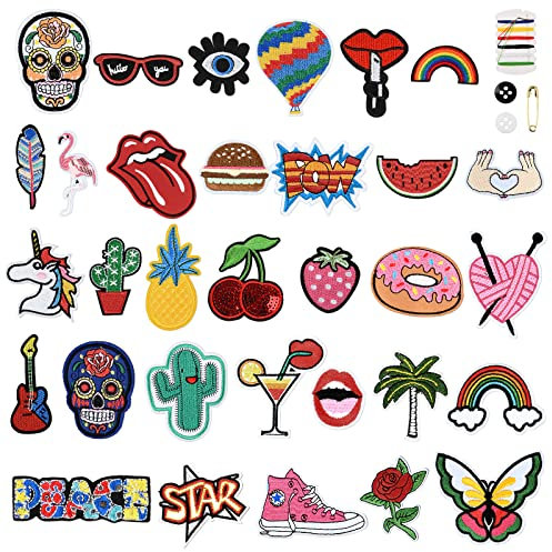 AUAUY 32 Stück Patches zum Aufbügeln Set, Karikatur Flicken zum Aufbügeln Kinder, Niedlich Bestickte Aufnäher, Leuchtende Farben, Bügelbilder Aufnähen oder Aufbügeln auf Kleidung Hut Jeans DIY-Zubehör