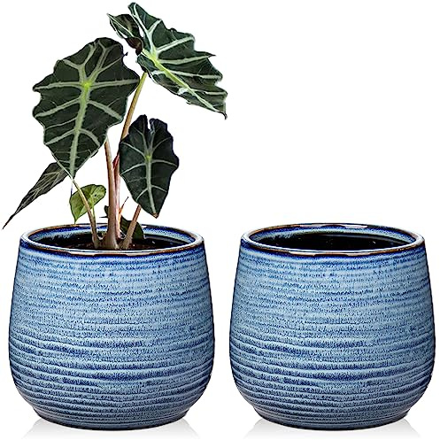 Oairse Durchmesser 15 cm 2er-Set Keramik Übertopf, Blumentöpfe mit Drainageloch-Silikonstopfen für Zimmerpflanzen, Retro-Dekoration für Gartenbehälter-Sets im Freien, Blau