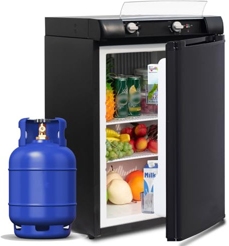 SMETA Gaskühlschrank Camping 60L, 3 Wege Kühlschrank, Kühlschrank Wohnwagen, Camping Kühlschrank 12V/230V/Gas, Mini Kühlschrank für Wohnmobil Van LKW Imbisswagen Leiser Schwarz