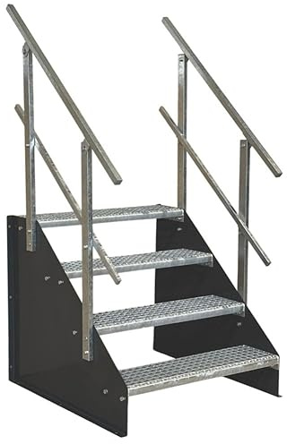 SRM Design 4 Stufen Standtreppe Stahltreppe Wangentreppe Gitterrosttreppe Außentreppe Industrietreppe freistehend Breite 110cm Höhe 84cm anthrazit beidseitiges Geländer