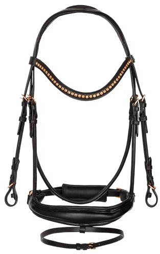 EQUESTRIAN QUEEN Trense Leder Pferd, Trensenzaum Io schwarz/roségold (Schwarz/Gold, Warmblut)