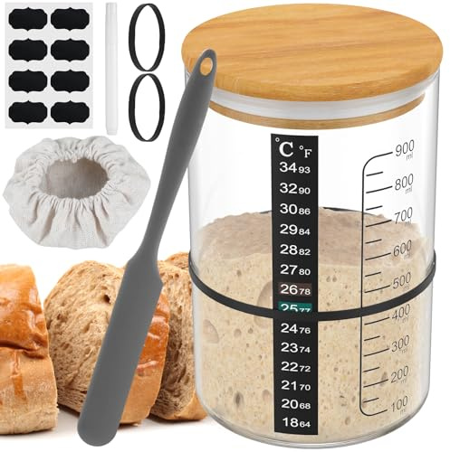 Surdeg startset 9 st med glas träskydd gummiband silikonspatel termometerpapper tyghatt surdeg startglas för bröd desserter