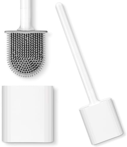Escobillas de Baño Silicona con Soporte Limpieza Profunda del Cepillo de Inodoro de Mango Largo Escobillas de Baño montado en la Pared Blanco