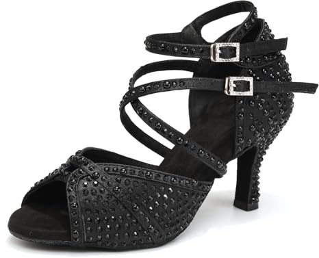 YCALCP Scarpe da Ballo Latino Donna con Strass Nero Punta Aperta Salsa Bachata Tango Scarpe Ballo da Sala, 38.5 EU