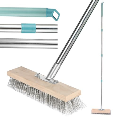 Stainless Steel 60 Inch Wire Broom with Long Handle and 30CM Brush Head - 45° Tilt Stiff Metal Bristle Outdoor Floor Scrub Brush for Deck, Garden, Pool (30x160CM)