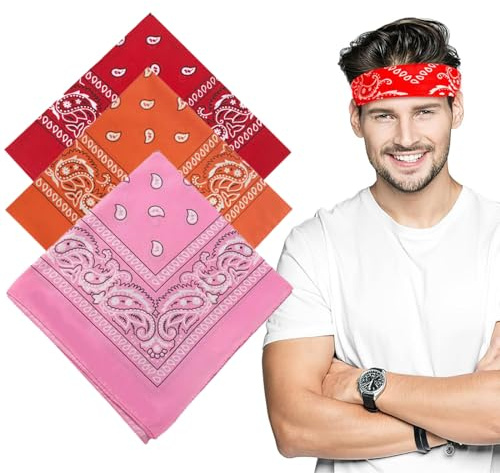 LZKHEH 3er Set Bandanas für Damen und Herren, Nickitücher als Kopftuch oder Halstuch, Unisex Bindetücher als Headwear, Haarschal in Paisley Muster (55 x 55 cm, Rot, Rosa, Gelb)