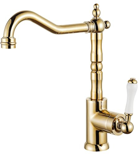 Robinet Salle de Bain, Mitigeur Lavabo Monocommande en Laiton, Or | Robinetterie de Cuisine avec Ceramique Mitigeur Lavabo Monocommande en Laiton Robinet de Salle de Bain Rotatif a 360° G3/8