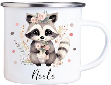 4youDesign Emaille Tasse Kinder personalisiert – Punkte Waschbär – Tier Namenstasse – Geschenk für Jungen & Mädchen – Bruchsicher & Leicht – Geschenkidee zur Einschulung & Geburtstag - 300ml