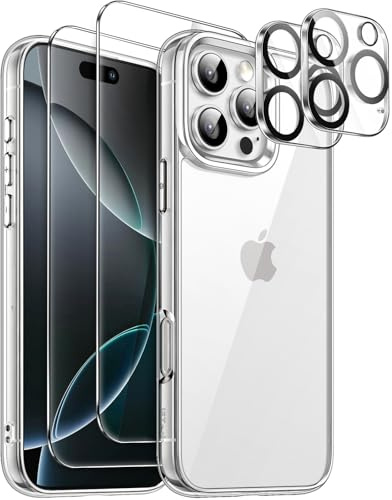 JETech 5 in 1 Case for iPhone 16 Pro Max, Anti-Yellowing, Clear | 2 Tempered Glass Screen Protectors, 2 Camera Lens Protectors, Shockproof Bumper Phone Cover